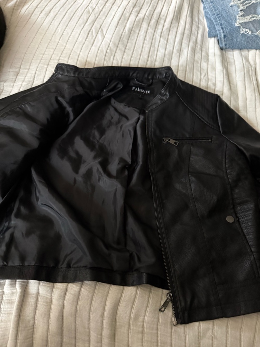 Fahsyee Black Faux Leather Biker Jacket